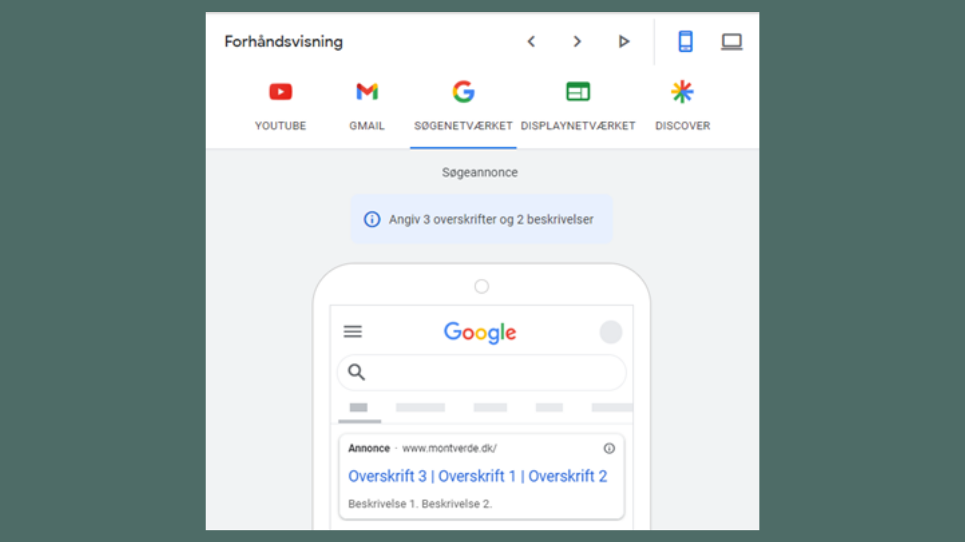 forhåndsvisning på google annonce